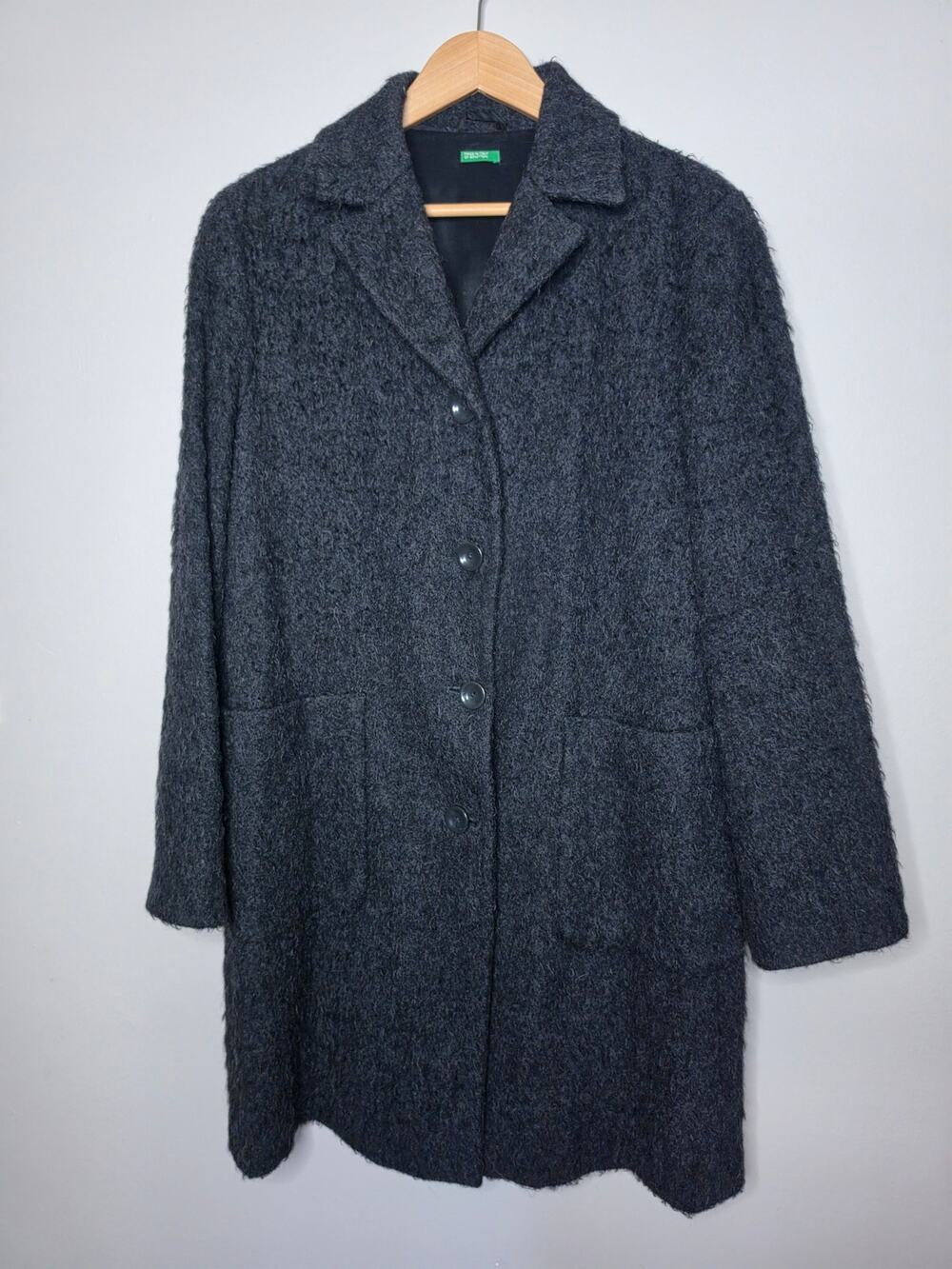 Vtg United Colors of Benetton Wool Coat Made Italy Charcoal Long Overcoat M